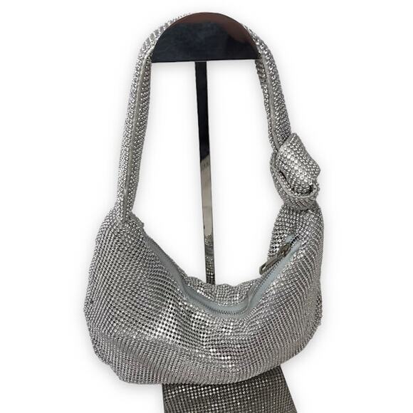 Olga Berg Jessica Soft Crystal Mesh Croissant Bag Knotted Handle Silver - Picture 2 of 7